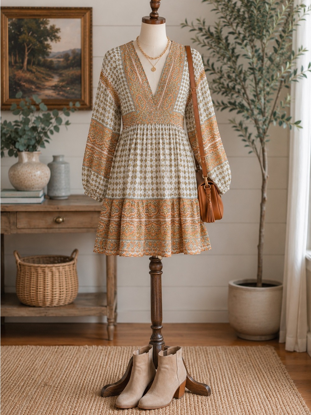 Rose + Olive Boho Print Babydoll Mini Dress Cream Paisley Long Sleeve Womenโs